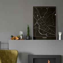 Lade das Bild in den Galerie-Viewer, Gleisdorf Dark Poster - Minimal - Vorschau in einem eleganten Zimmer mit Kamin und grauer Wandfarbe

