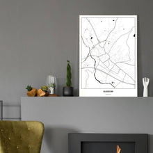 Lade das Bild in den Galerie-Viewer, Gleisdorf Light Poster - Minimal - Vorschau in einem eleganten Zimmer mit Kamin und grauer Wandfarbe
