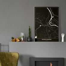 Lade das Bild in den Galerie-Viewer, Gratwein-Straßengel Dark Poster - Minimal - Vorschau in einem eleganten Zimmer mit Kamin und grauer Wandfarbe
