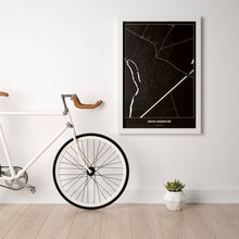 Lade das Bild in den Galerie-Viewer, Groß-Enzersdorf Dark Poster - Minimal - Vorschau in einem hellen Zimmer mit Fahrrad an Wand angelehnt
