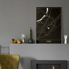 Lade das Bild in den Galerie-Viewer, Hohenems Dark Poster - Minimal - Vorschau in einem eleganten Zimmer mit Kamin und grauer Wandfarbe
