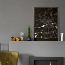 Lade das Bild in den Galerie-Viewer, Ingolstadt Dark Poster - Minimal - Vorschau in einem eleganten Zimmer mit Kamin und grauer Wandfarbe
