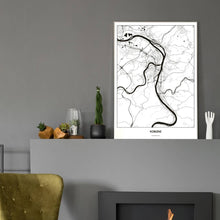 Lade das Bild in den Galerie-Viewer, Koblenz Light Poster - Minimal - Vorschau in einem eleganten Zimmer mit Kamin und grauer Wandfarbe
