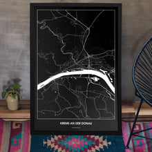 Lade das Bild in den Galerie-Viewer, Krems an der Donau Dark Poster - Minimal - Vorschau aufgestellt auf Boden an grauer Wand angelehnt

