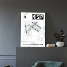 Lade das Bild in den Galerie-Viewer, Minneapolis-Saint Paul International Airport (Flughafen MSP / KMSP) Light Poster - Minimal - Vorschau in einem eleganten Zimmer mit Sessel und grauer Wand

