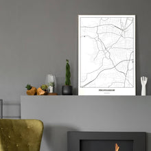 Lade das Bild in den Galerie-Viewer, Perchtoldsdorf Light Poster - Minimal - Vorschau in einem eleganten Zimmer mit Kamin und grauer Wandfarbe
