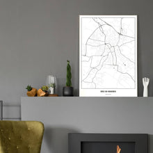 Lade das Bild in den Galerie-Viewer, Ried im Innkreis Light Poster - Minimal - Vorschau in einem eleganten Zimmer mit Kamin und grauer Wandfarbe
