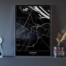 Lade das Bild in den Galerie-Viewer, Schwechat Dark Poster - Minimal - Vorschau neben Dekoartikeln vor dunkelgrauer Wand
