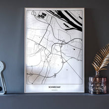 Lade das Bild in den Galerie-Viewer, Schwechat Light Poster - Minimal - Vorschau neben Dekoartikeln vor dunkelgrauer Wand
