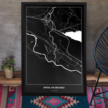 Lade das Bild in den Galerie-Viewer, Spittal an der Drau Dark Poster - Minimal - Vorschau aufgestellt auf Boden an grauer Wand angelehnt
