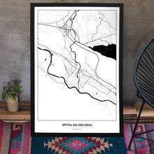 Lade das Bild in den Galerie-Viewer, Spittal an der Drau Light Poster - Minimal - Vorschau aufgestellt auf Boden an grauer Wand angelehnt
