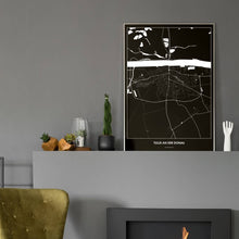 Lade das Bild in den Galerie-Viewer, Tulln an der Donau Dark Poster - Minimal - Vorschau in einem eleganten Zimmer mit Kamin und grauer Wandfarbe
