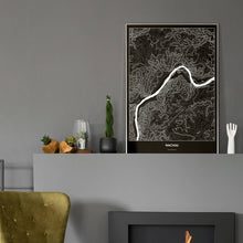 Lade das Bild in den Galerie-Viewer, Wachau Dark Poster - Minimal - Vorschau in einem eleganten Zimmer mit Kamin und grauer Wandfarbe

