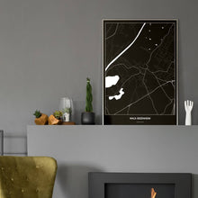 Lade das Bild in den Galerie-Viewer, Wals-Siezenheim Dark Poster - Minimal - Vorschau in einem eleganten Zimmer mit Kamin und grauer Wandfarbe
