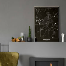 Lade das Bild in den Galerie-Viewer, Wiener Neustadt Dark Poster - Minimal - Vorschau in einem eleganten Zimmer mit Kamin und grauer Wandfarbe
