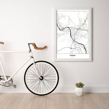Lade das Bild in den Galerie-Viewer, Würzburg Light Poster - Minimal - Vorschau in einem hellen Zimmer mit Fahrrad an Wand angelehnt
